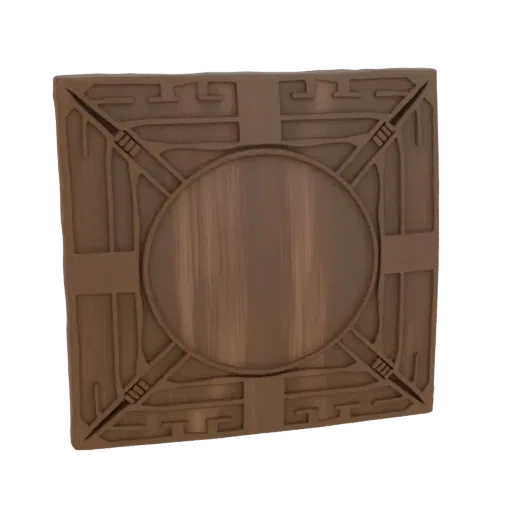 3D-Modell eines quadratischen Holzuntersetzers mit zentralem Kreis und komplizierten geometrischen Schnitzereien auf brauner