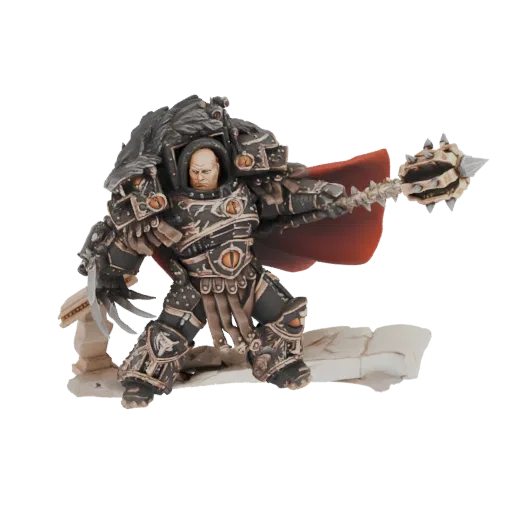 3D model of a Warhammer 40,000 Chaos Lord in power armor, wielding a spiked mace and claw, with a red cape.