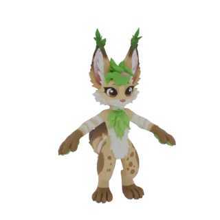 A 3D render of a stylized lynx character with green leaf accents, standing in a dynamic pose against a white background.