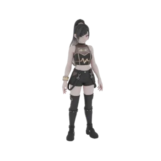 3D model of an anime girl with a black ponytail, wearing a black crop top, shorts with suspenders, and knee-high boots, stand