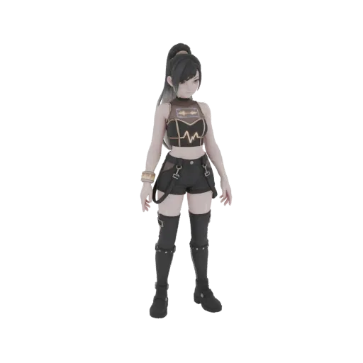 3D-Modell eines Anime-Mädchens mit schwarzem Pferdeschwanz, das ein schwarzes Crop-Top, Shorts mit Hosenträgern und kniehohe