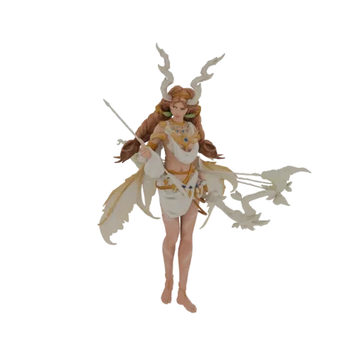 3D model of a Goddess of Spring figurine with long flowing hair, adorned with flowers and wearing flowing robes, holding a st