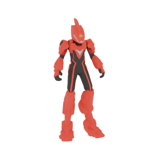 A 3D model of a red and black sci-fi warrior action figure standing against a white background.