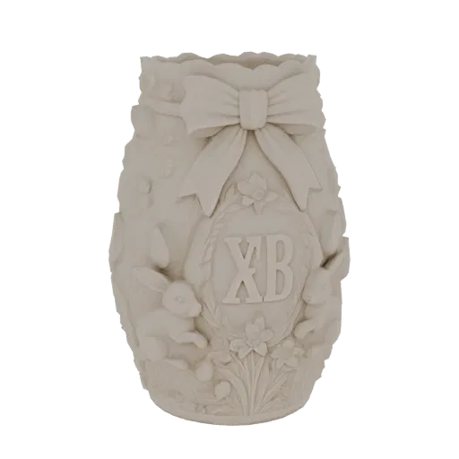 3D model of a decorative Easter vase with bunnies, flowers, an 'XB' monogram, and a bow, rendered in a neutral matte finish.