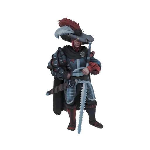 3D model of a Renaissance Landsknecht warrior in detailed historical armor, holding a large Zweihander sword, against a black
