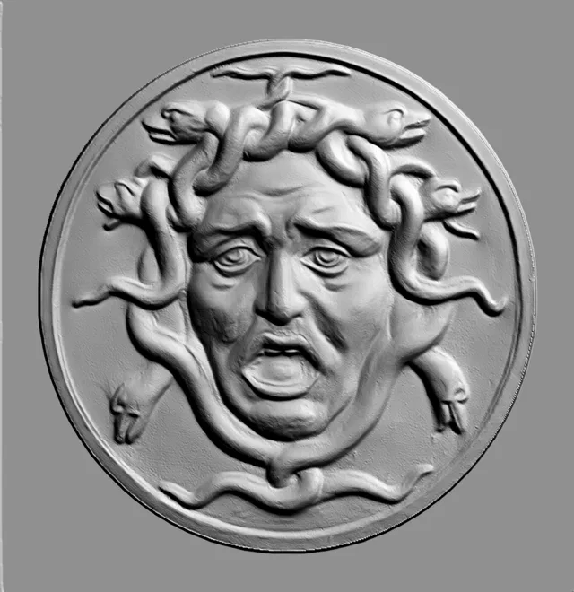 3D model of Medusa Gorgon bas-relief with an expressive face and snakes instead of hair, in an antique style.