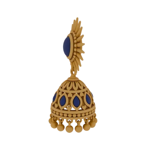 3D model of a golden Jhumka earring with blue gemstones, featuring intricate patterns and dangling accents.