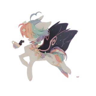 Modelo 3D de un pegaso caprichoso con crin pastel arcoíris, oscuras alas de mariposa con patrones de estrellas y decoraciones