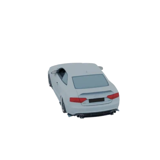 A 3D render of a white Audi RS5 Coupe, viewed from a rear-three-quarter angle against a black background.