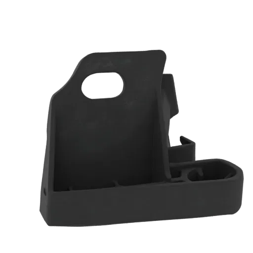 A 3D render of a black plastic bracket with an oval cutout at the top, designed for mounting or structural support.