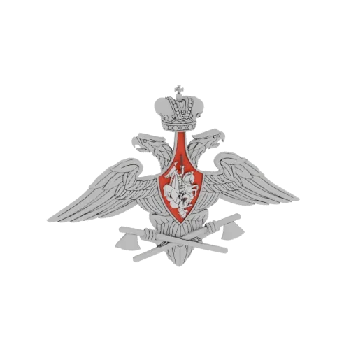 3D model render of the Russian double-headed eagle emblem with crossed axes, featuring a silver eagle with a red shield and g