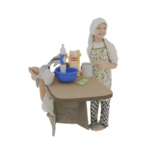 3D model of a smiling young child dressed as a chef, standing at a miniature baking station with toy kitchen items.