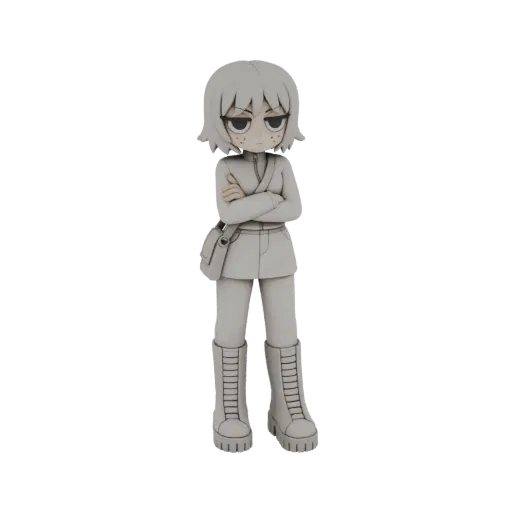 A 3D model of a grumpy anime girl with short, messy hair, freckles, and arms crossed, wearing a jacket and boots.