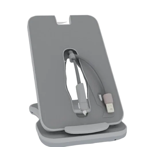 A 3D render of a gray smartphone stand with a built-in charging cable and USB connector, designed for modern desk setups.