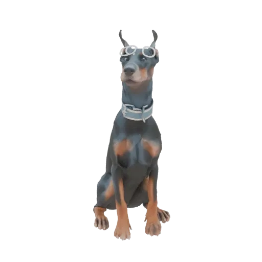 3D model of a Doberman Pinscher dog sitting upright and wearing white-rimmed sunglasses.