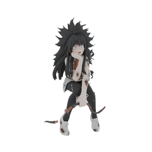3D model of a distressed anime girl with black hair, wide blue eyes, torn clothes, and a dramatic expression, holding a fraye