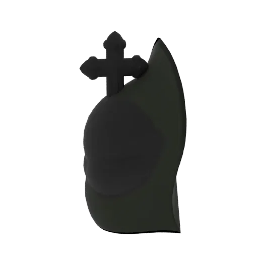 A 3D render of a dark, gothic tombstone with an ornate cross on top and a stylized, flame-like base, set against a black back