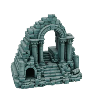 Modelo 3D de um arco de pedra antigo e desgastado com degraus desmoronados e colunas clássicas, sobre um fundo branco.