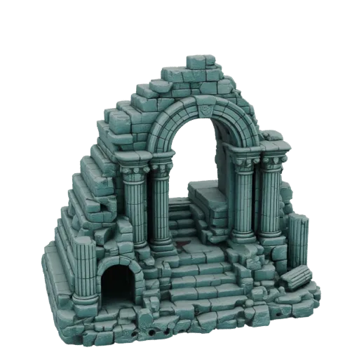 3D-Modell eines verwitterten antiken Steinbogens mit bröckelnden Stufen und klassischen Säulen vor weißem Hintergrund.