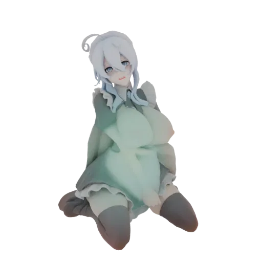 3D model of an anime maid with white hair and blue eyes, wearing a maid outfit and kneeling.