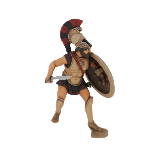 3D model of a Spartan warrior in full armor, holding a shield and sword, in a dynamic combat pose.