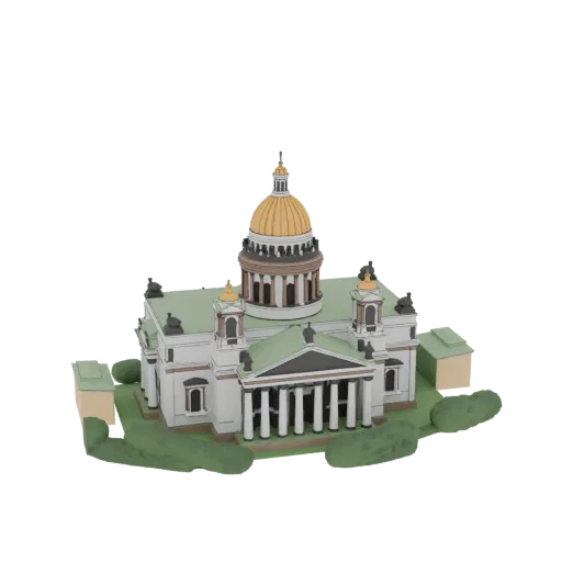 3D model of Saint Isaac's Cathedral, a grand neoclassical building with a large golden dome and white facade, set against a w