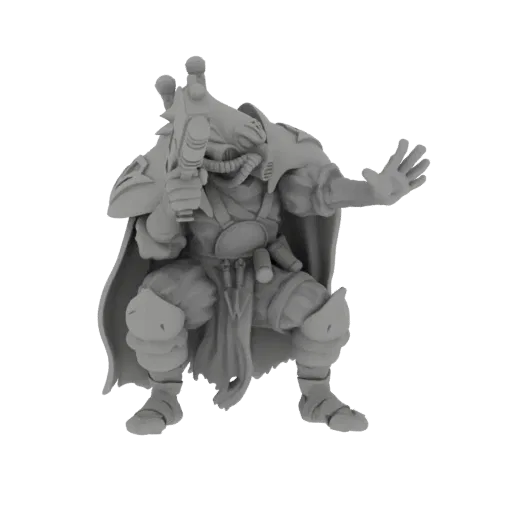 3D model of a sci-fi alien warrior in a combat pose, holding a plasma rifle and raising a shielded hand.