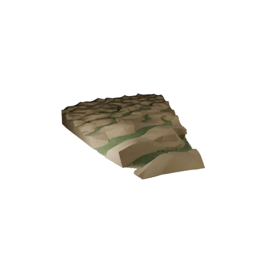 Desert Oasis Biome Low Poly 3D model, game viewport three-quarter view, showing terrain layers, dune ridges.