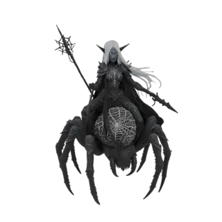 3D model of a dark elf warrior with white hair, riding a large black spider with red eyes, holding a staff.