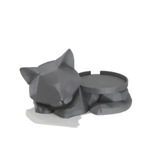 3D model of a gray, geometric cat in a resting pose with a circular tray on its back, set against a white background.