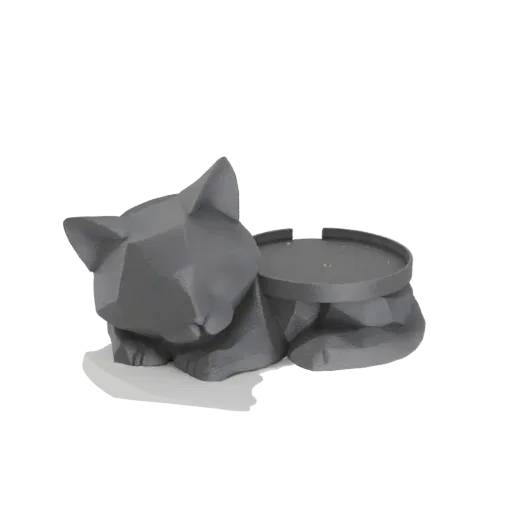 3D model of a gray, geometric cat in a resting pose with a circular tray on its back, set against a white background.