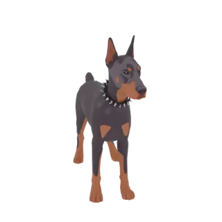 3D-Modell eines Dobermanns, der aufmerksam steht und ein schwarzes Nietenhalband trägt.