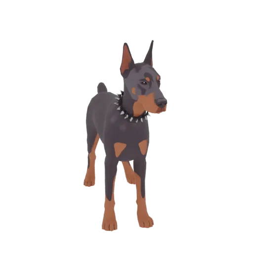 3D-Modell eines Dobermanns, der aufmerksam steht und ein schwarzes Nietenhalband trägt.