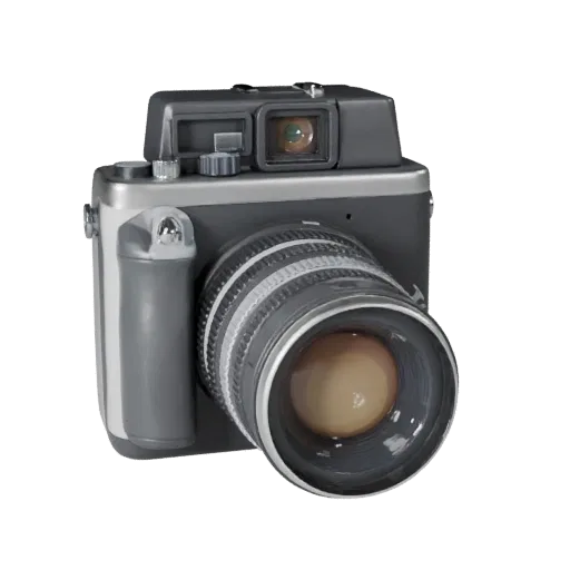 Vintage Instant Camera Stylized 3D model, stylized isometric render, showing textured grips, lens barrels.