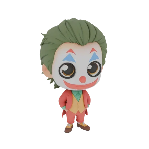 A 3D render of a cute, chibi-style Joker character wearing his iconic suit and makeup, with large eyes and a playful expressi