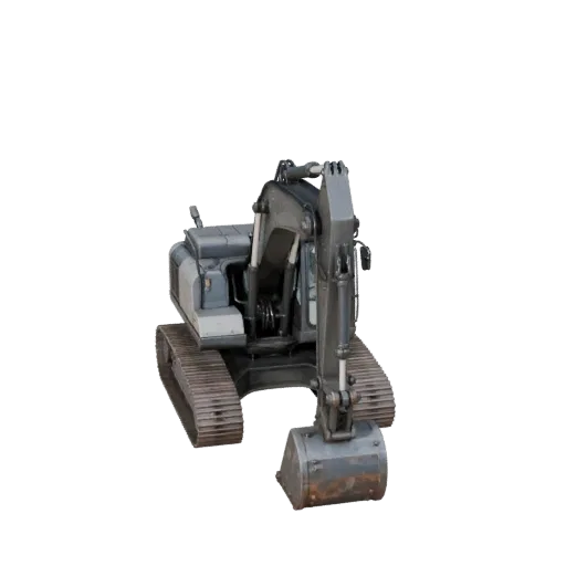 Spielbereites Bagger 3D-Modell, Dreiviertel-Studioansicht, produktionsfertiges Fahrzeug-Asset mit Maschinenarm-Geometrie, Kab