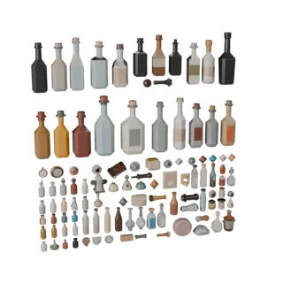 Market Bottle Group Low Poly 3D model, game viewport three-quarter view, showing paper-like cards, small readable forms.