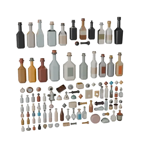 Market Bottle Group Low Poly 3D model, game viewport three-quarter view, showing paper-like cards, small readable forms.