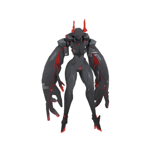 A dark gray cybernetic sentinel with glowing red accents and large wing-like structures, standing in a neutral pose against a