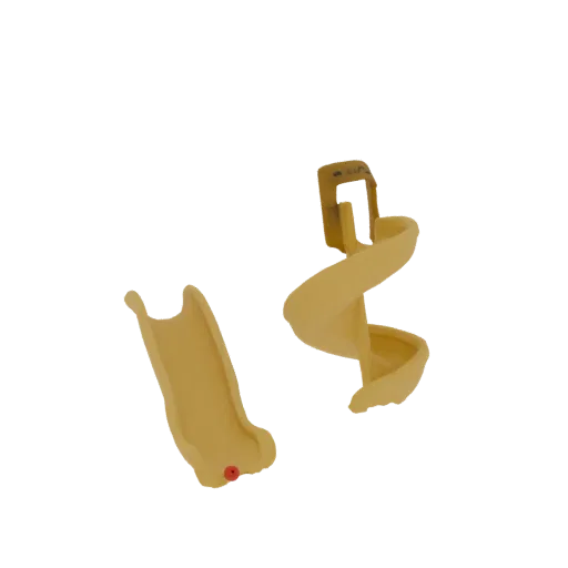 Una renderización 3D de un tobogán de espiral amarillo brillante y un tobogán recto sobre un fondo blanco.