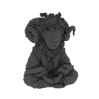3D model of a ram creature meditating, with curly wool, large horns, and wearing a robe.
