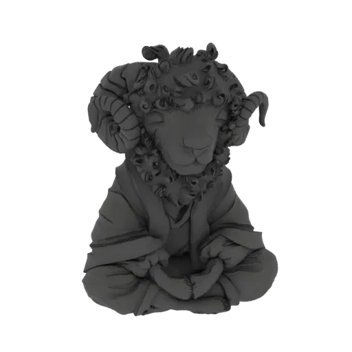 3D model of a ram creature meditating, with curly wool, large horns, and wearing a robe.