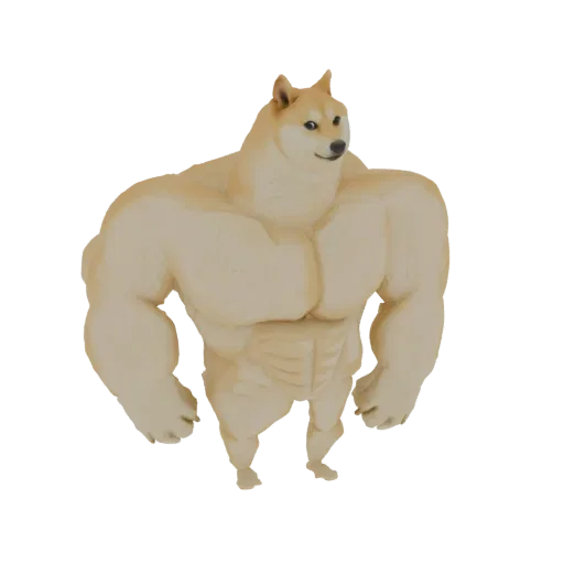 A 3D render of the Buff Doge meme character, depicted with exaggerated muscular arms and a neutral expression, standing again