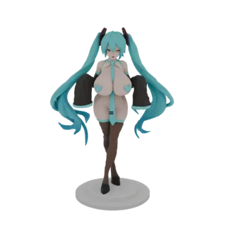 3D-Modell eines Anime-Mädchens mit langen blauen Zöpfen, das ein helles Outfit mit dunklen Ärmeln und Herz-Details trägt und