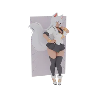 Modèle 3D d'une fille renard anime avec des cheveux blancs, des oreilles et une queue de renard, portant une tenue de marin e