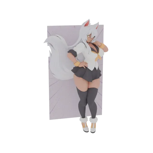 Modelo 3D de uma garota raposa anime com cabelo branco, orelhas e cauda de raposa, vestindo um traje de marinheiro e uma saia