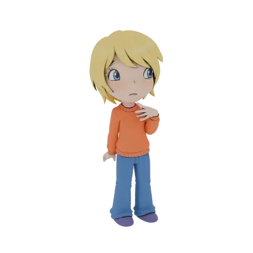 Modèle 3D de fille chibi aux cheveux blonds, portant un pull orange et un jean bleu, l'air légèrement préoccupée.