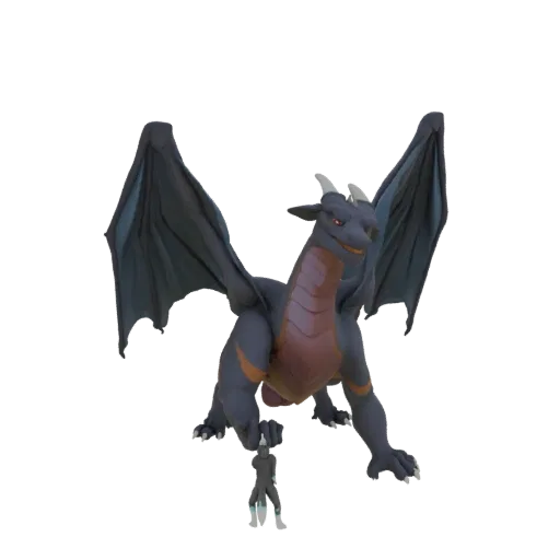 A 3D render of a dark blue dragon with orange accents, wings spread, looking down at a small humanoid figure at its feet.