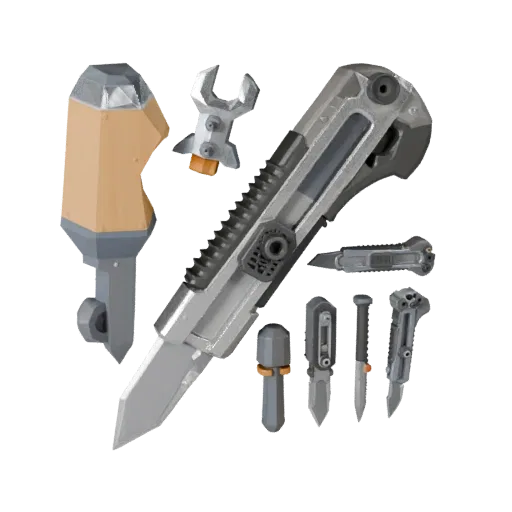 Insulated Utility Knife Low Poly 3D model, game viewport three-quarter view, showing painted metal, clear grip zones.