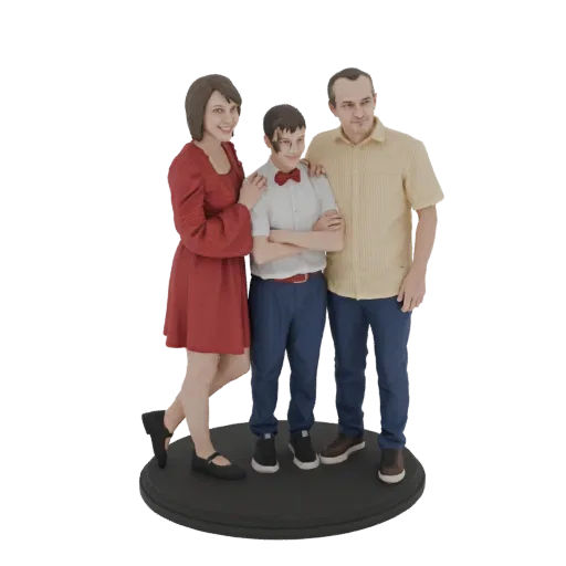 Modello 3D di una madre sorridente in abito rosso, suo figlio in camicia bianca e papillon rosso, e un padre in camicia giall